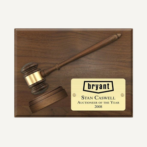 12" x 9" Genuine Walnut Split Gavel and Sound Block Plaque with Bright Gold Plate