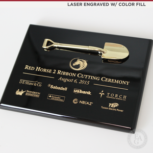 8" x 6" Miniature Shovel Plaque - Piano Finish - Laser Engraved w/ Color Fill