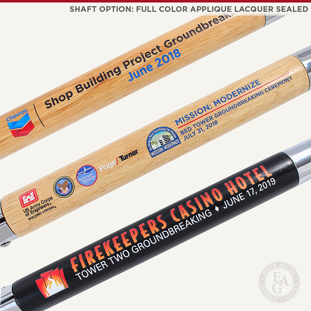 Specialty Chrome Plated Groundbreaking Shovel - D-Handle - Full Color Printed Applique on Shaft