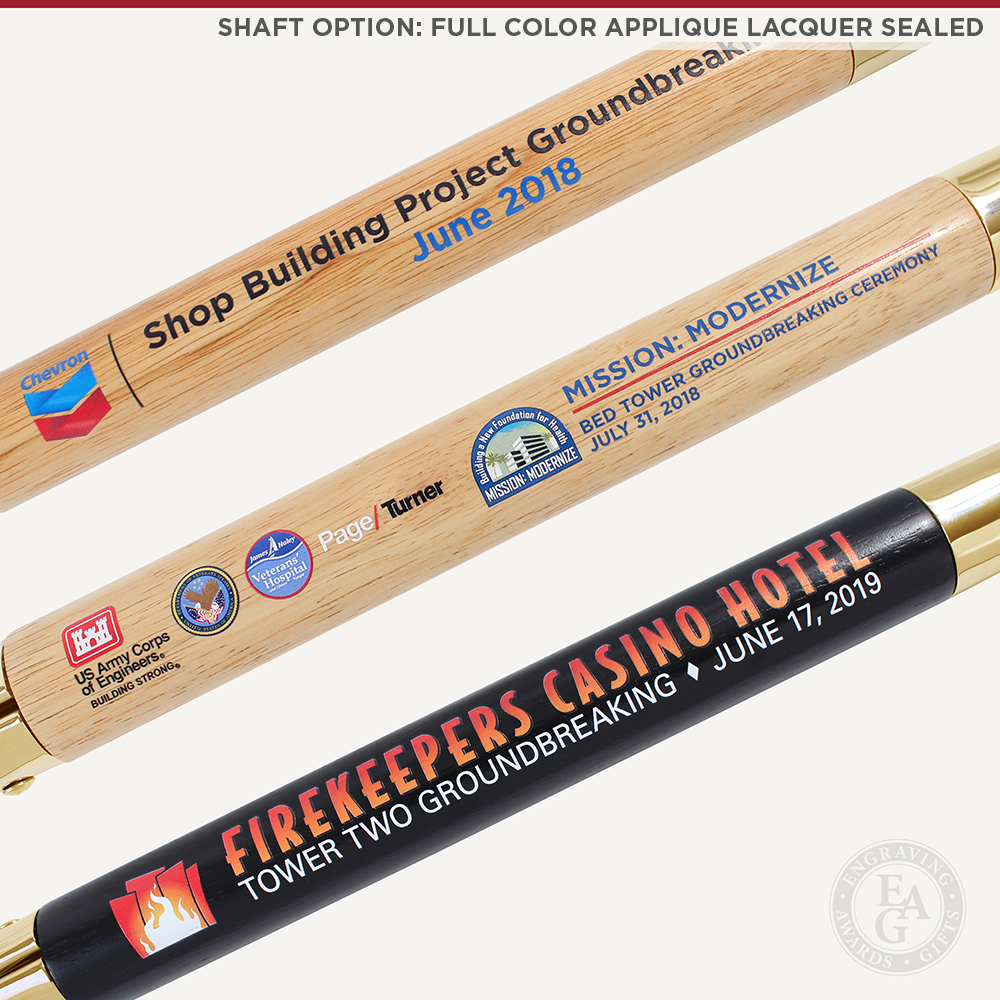 Traditional Gold Plated Groundbreaking Shovel - D-Handle - Full Color Printed Applique, Lacquer Sealed, on Shaft