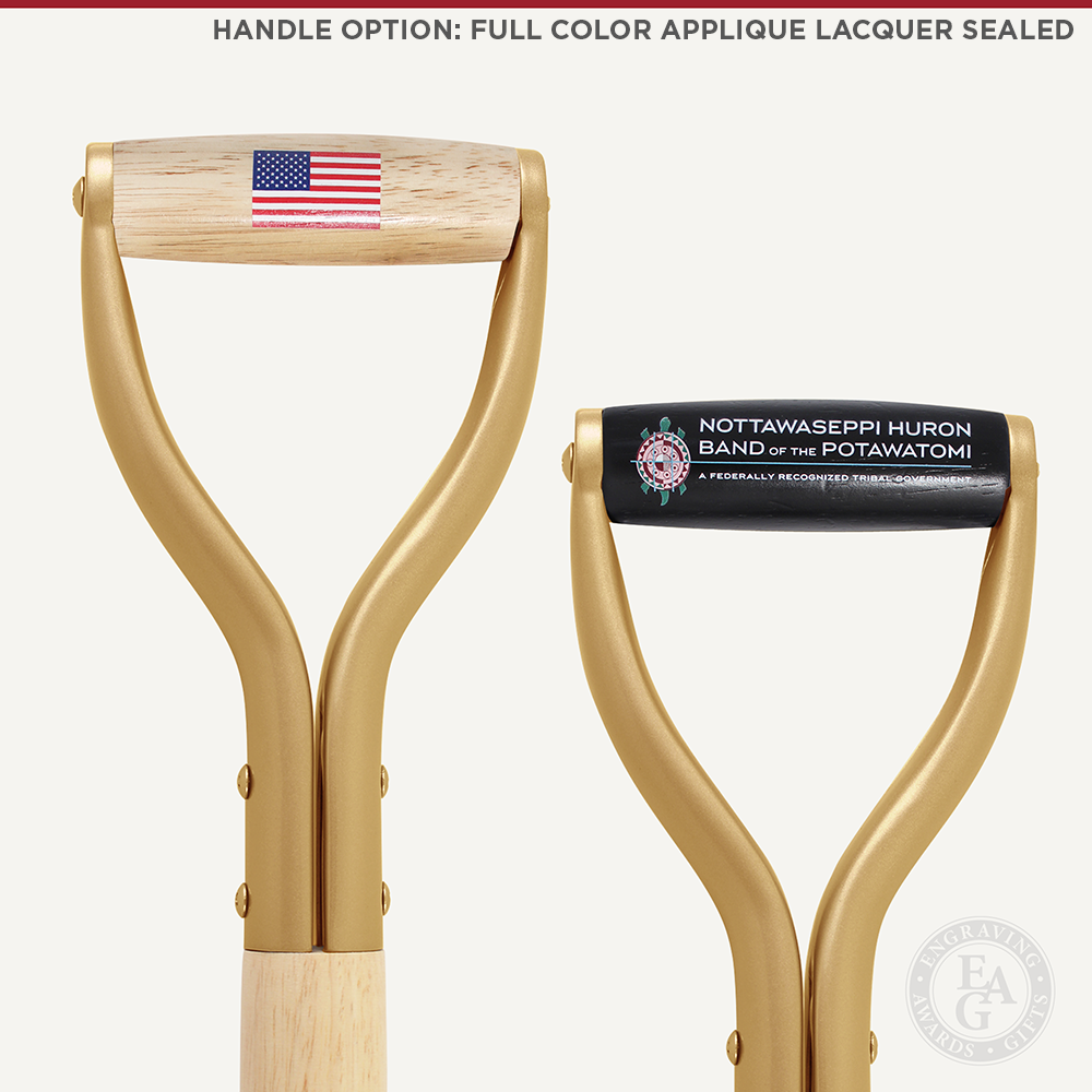 Groundbreaking Ceremonial Shovel Kit - Gold Finish D-Handle - Full Color Printed Applique, Lacquer Sealed, on Handle