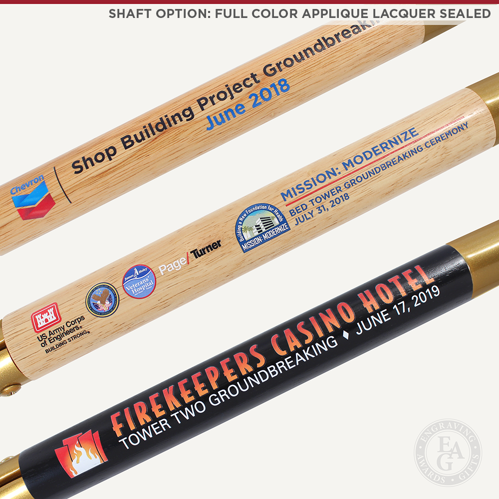 Groundbreaking Ceremonial Shovel Kit - Gold Finish D-Handle - Full Color Printed Applique (Lacquer Sealed) on Shaft