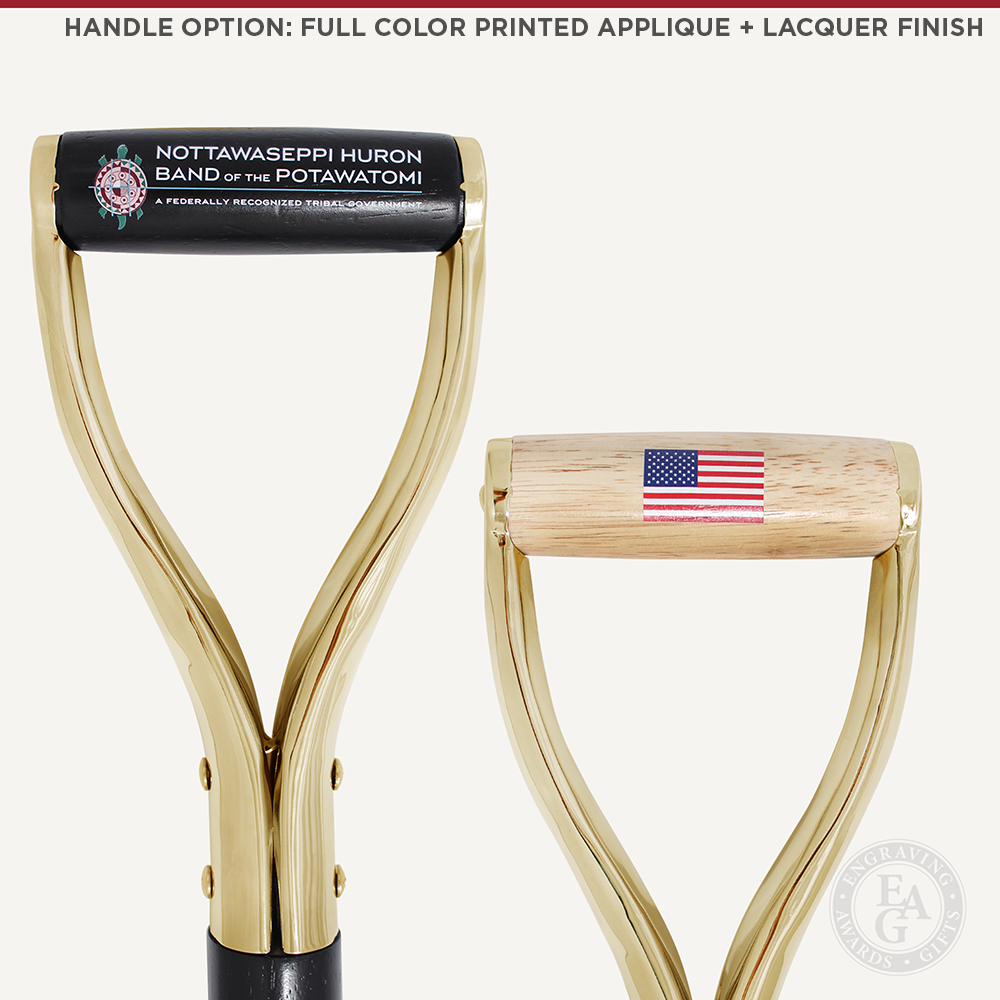 Groundbreaking Ceremonial Shovel Kit - Traditional Gold Plated D-Handle - Full Color Printed Applique with Lacquer Finish on Handle 