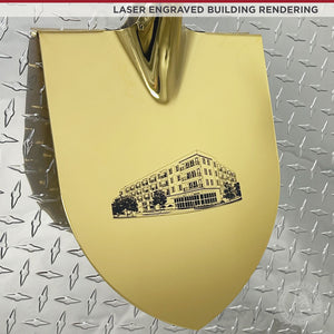 Specialty Gold Plated Ceremonial Groundbreaking Shovel - D-Handle - Laser Engraved Building Rendering