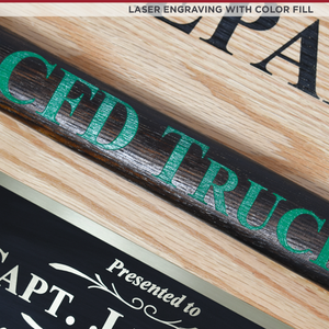Laser Engraved Axe Handle with Green Color Fill - 42x16" Oak Firefighter Award Plaque - Gold Axe