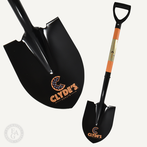 Custom Painted Ceremonial Groundbreaking Shovel  - D-Handle Orange Shaft, Black Spade, Gold Full Color Printed Plate