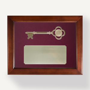 Key Display Case - 8" Gold Plated Ceremonial Key - Burgundy Background