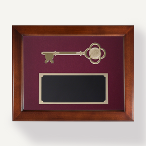Key Display Case - 8" Gold Plated Ceremonial Key - Burgundy Background