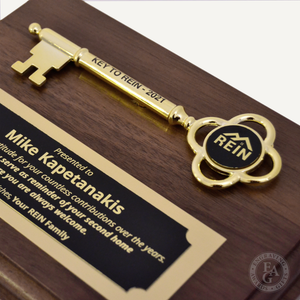 Ceremonial Key Plaque Closeup with Laser Engraved Plate, Disc, and Full Color Printed Key Stem