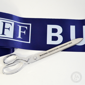 15" Chrome Plated Ceremonial Ribbon Cutting Scissors with 6" Custom Short length full color printed ribbon