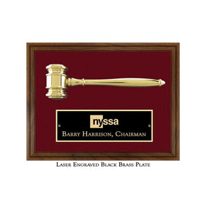 Engraved Split Metal Gavel Plaque with Maroon Velour Background and Black Brass Plate