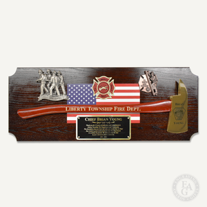42x16 Walnut Firefighter Award Plaque - Gold Axe - Full Color Direct Printed American Flag and Maltese