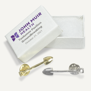 Gold and Silver Groundbreaking Shovel Lapel Pins  with Full Color Printed Gift Box