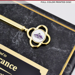 Black Marble Ceremonial Key Plaque with Gold Stripe Closeup with Full Color Printed Key Disc and Laser Engraved Plate