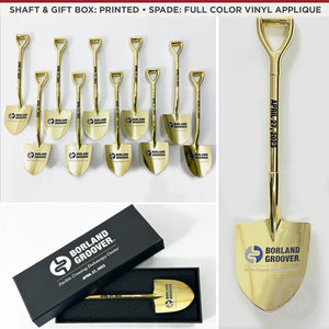 8" Gold Miniature Ceremonial Shovels - Printed Shaft & Gift Box, Full Color Printed Vinyl Applique on the Spade