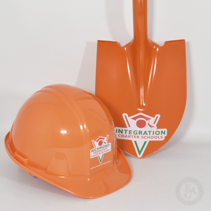 Custom Painted Ceremonial Groundbreaking Shovel - Orange with Flat Front Orange Hard Hat