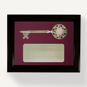 Key Display Case - 9" Ornate Bronze Ceremonial Key - Burgundy Background