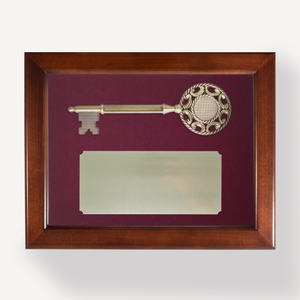 Key Display Case - 9" Ornate Bronze Ceremonial Key - Burgundy Background