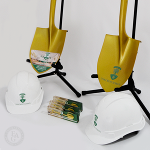 Gold Finish Shovels, Round Front White Hard Hats, and Groundbreaking Shovel Paperweights