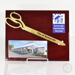 15 Inch Gold Plated Ceremonial Scissors Rosewood Piano Finish Plaque with Laser Engraved Scissors, Full Color Direct Printed Upper Right and Full Color Printed Lower Left Plate