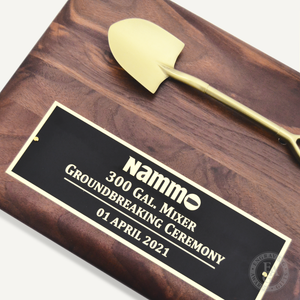 12" x 9" Walnut Shovel Plaque with Gold Shovel and Laser Engraved Plate