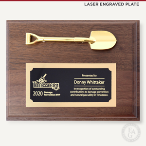 8" X 6" Miniature Shovel Plaque - Walnut with Bright Gold Shovel and Laser Engraved Plate