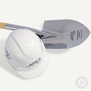 Chrome Specialty Shovel Laser Engraved and White Round Front Hard Hat with Vinyl Decals
