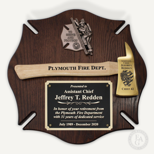 18x18 Walnut Maltese Cross Firefighter Plaque - Gold Axe - To Serve and Protect Casting - Natural Handle