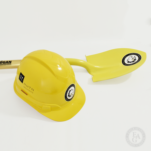 Yellow Round Front Hard Hat with Vinyl Decals and Painted D Handle Shovel